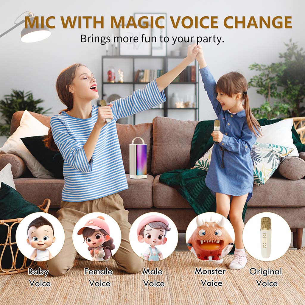 JYX D31 portable karaoke machine with 2 wireless mics and magic voice change feature, including Baby, Female, Male, Monster, and Original voices.