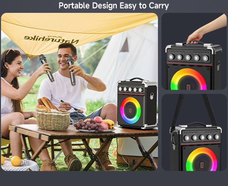 Karaoke speaker for adults with 2 wireless microphones, perfect for outdoor parties and travel.