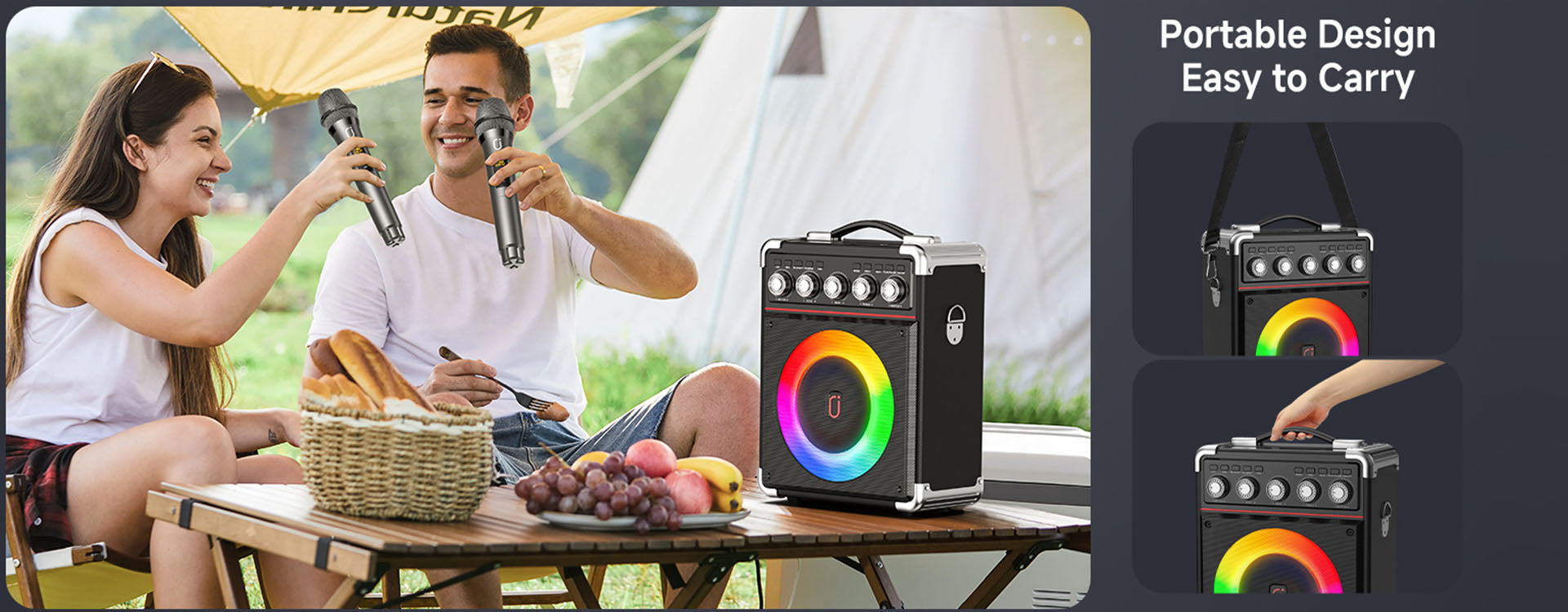 Karaoke speaker for adults with 2 wireless microphones, perfect for outdoor parties and travel.