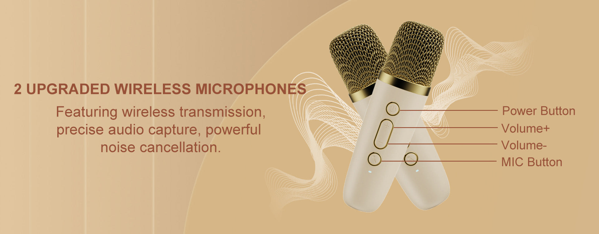 JYX D55 party karaoke box with 2 upgraded wireless mics. Features wireless trans, precise capture, noise - cancel, and power/volume/MIC buttons.