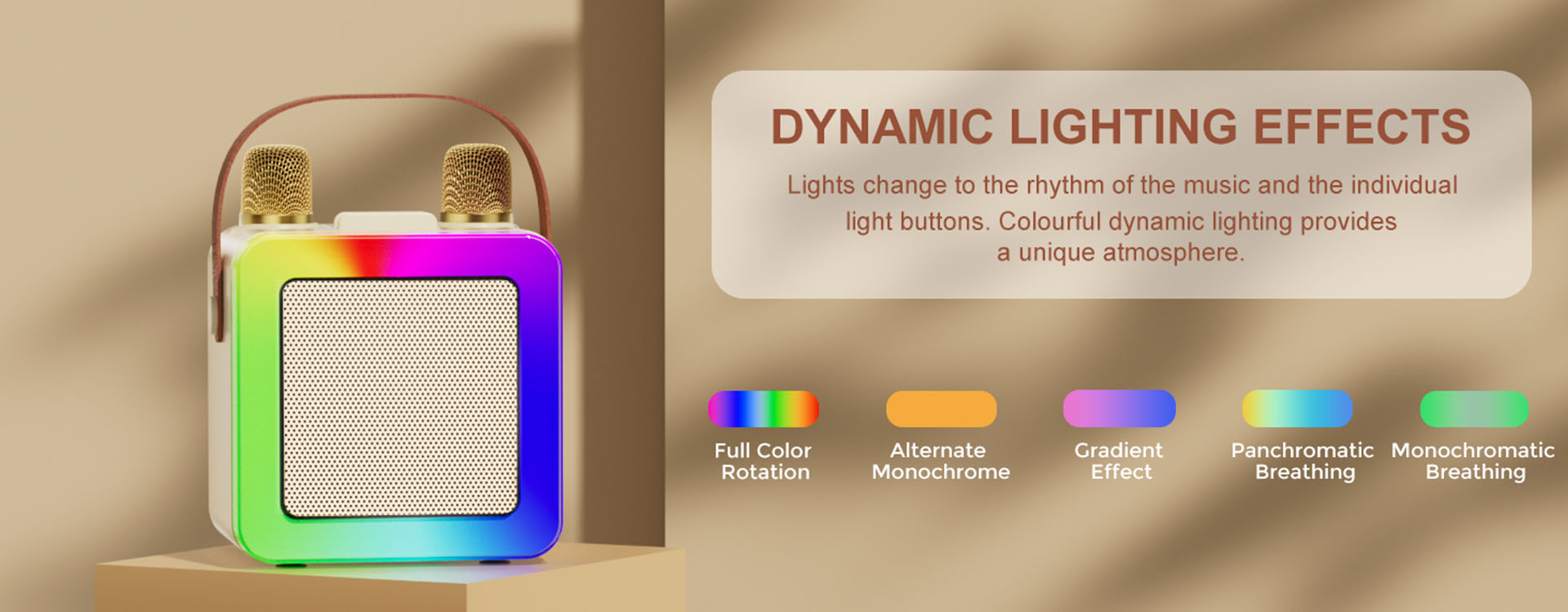 JYX D55 party karaoke box with dynamic lighting. Effects include full color rotation, monochrome options, gradient and breathing effects, syncing with music.