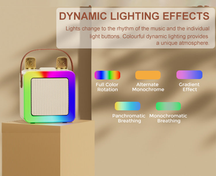 JYX D55 party karaoke box with dynamic lighting. Effects include full color rotation, monochrome options, gradient and breathing effects, syncing with music.