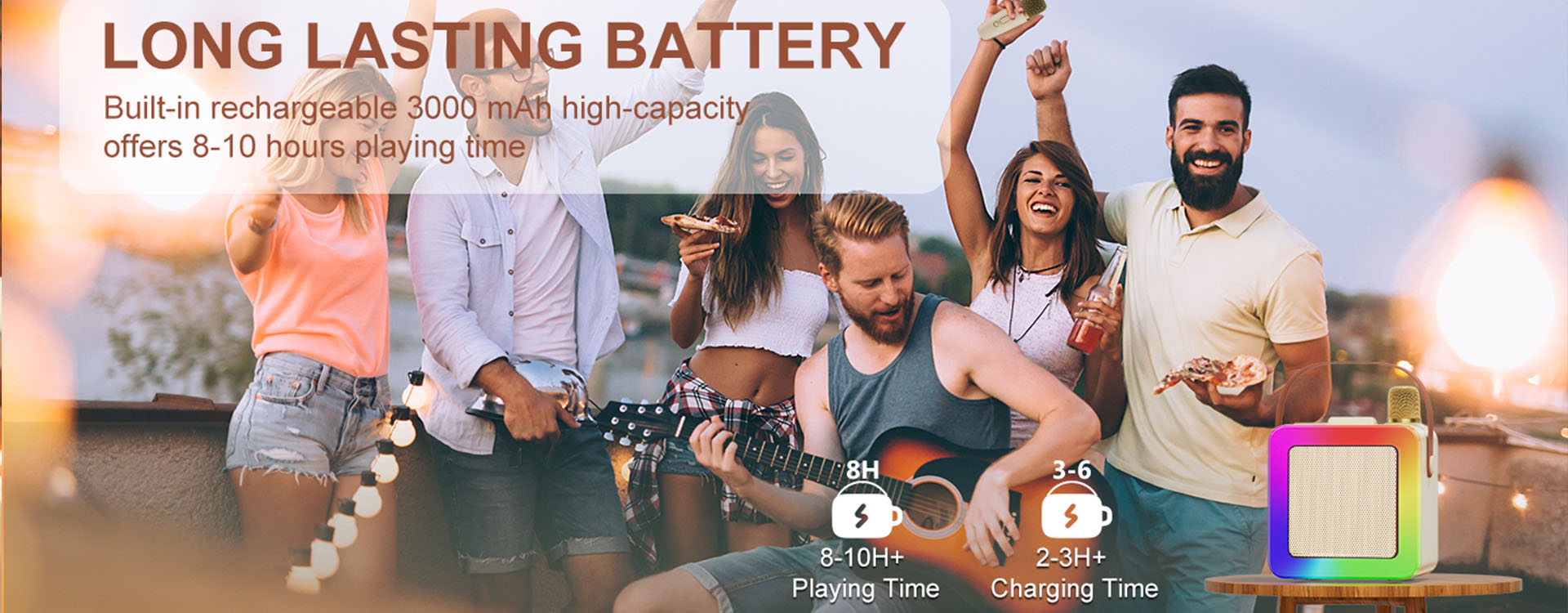 JYX D55 party karaoke box: Built-in 3000 mAh battery offers 8-10h playtime, 2-3h charge time.