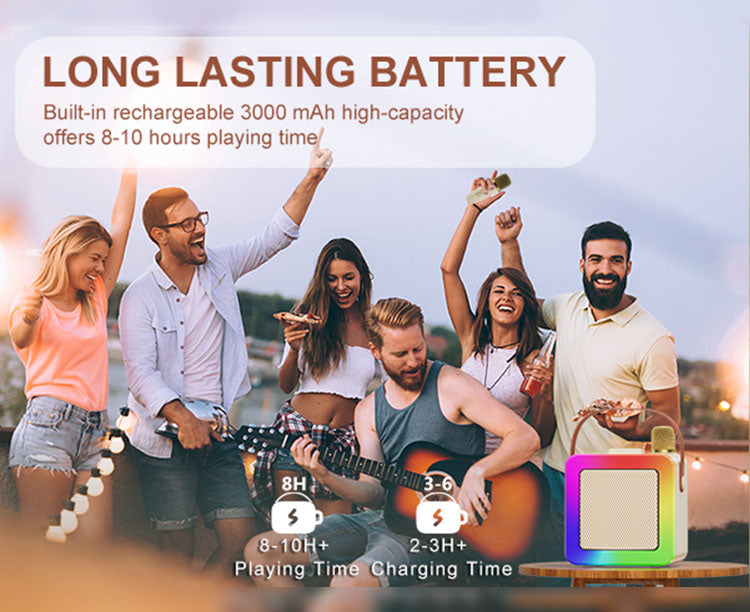 JYX D55 party karaoke box: Built - in 3000 mAh battery offers 8 - 10h playtime, 2 - 3h charge time.