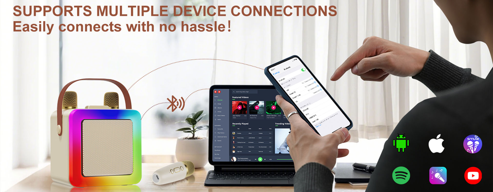 The JYX D55 karaoke box for parties supports multiple device connections. It allows for easy and hassle-free connection.
