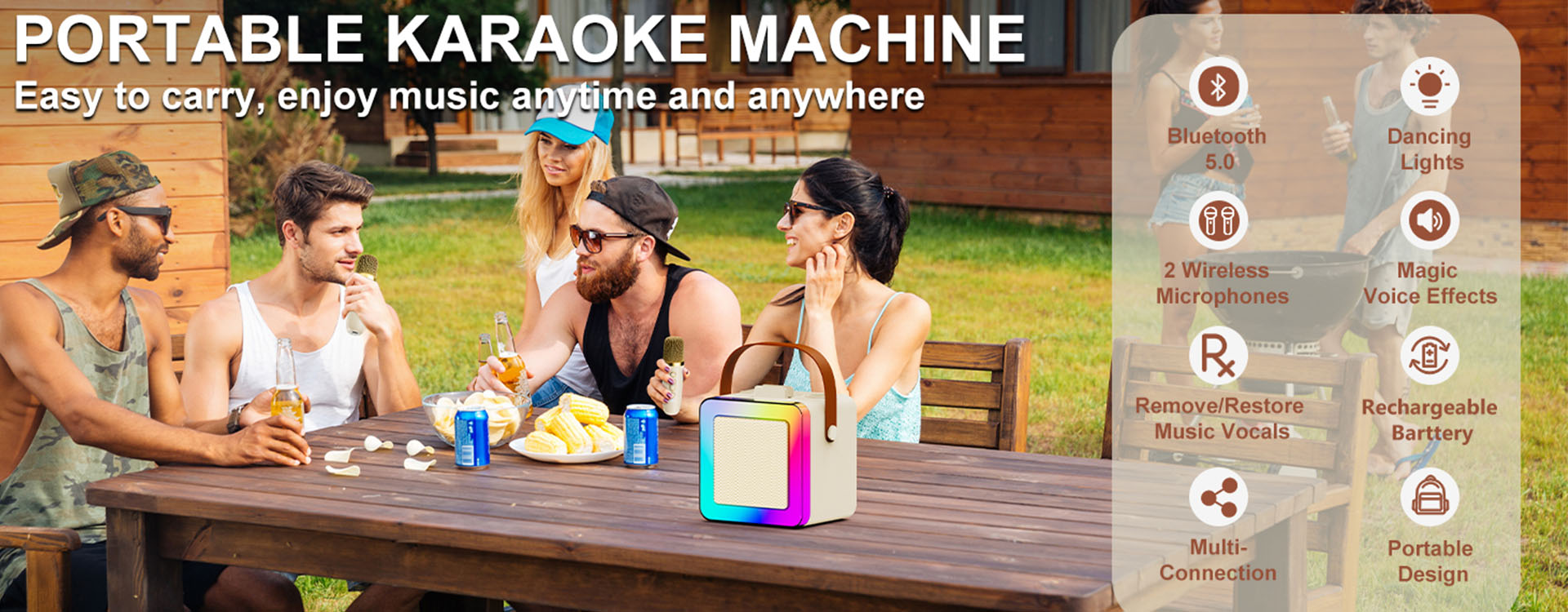JYX D55 portable karaoke box. Bluetooth 5.0, 2 mics, multi - connection, lights, voice effects, rechargeable.