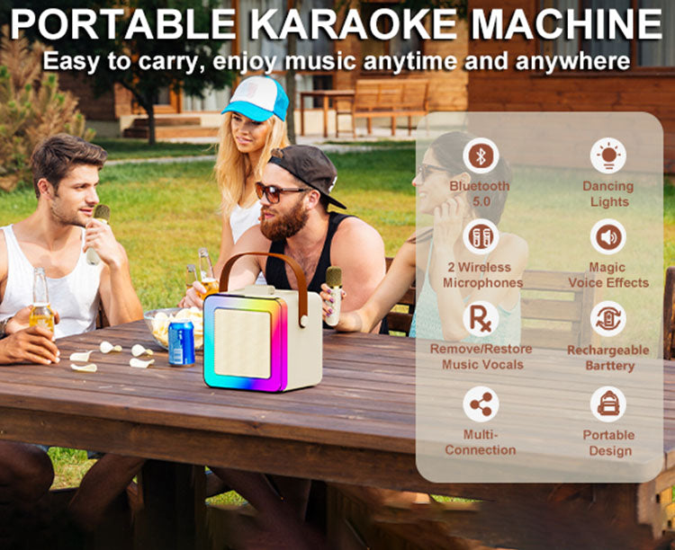 JYX D55 portable karaoke box. Bluetooth 5.0, 2 mics, multi - connection, lights, voice effects, rechargeable.