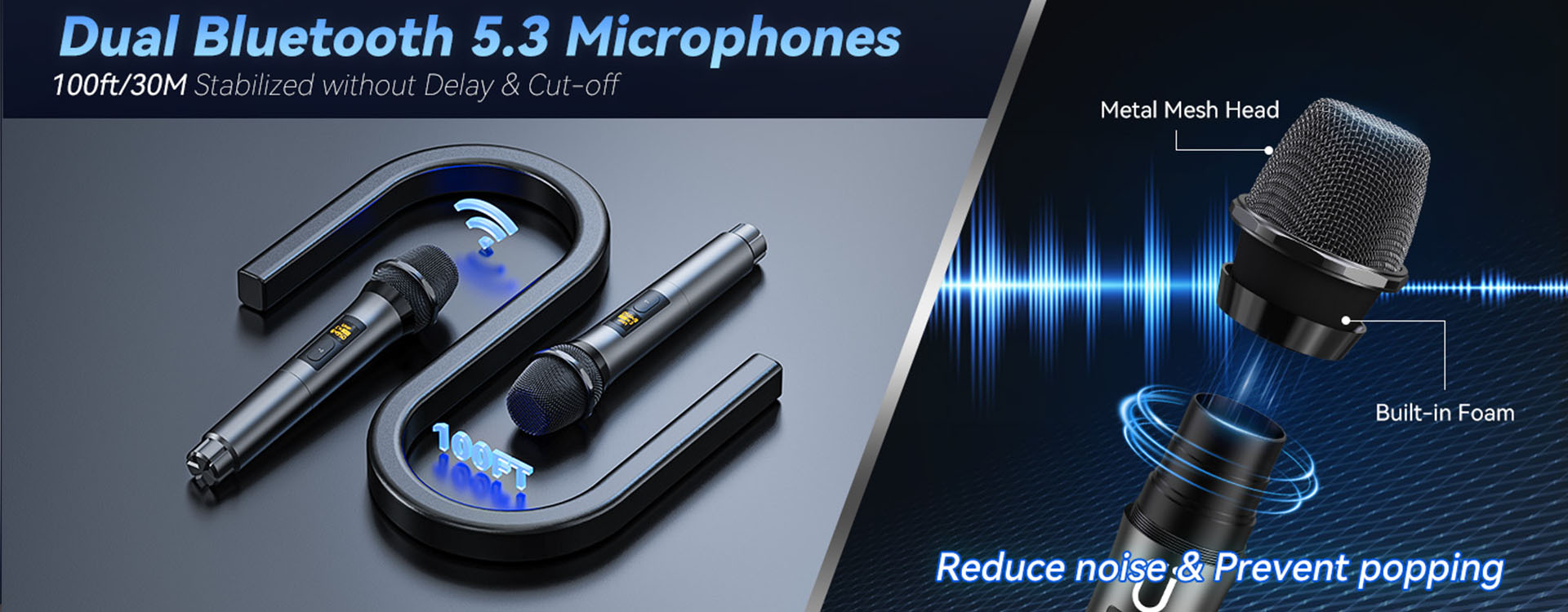 The JYX T23-T is a portable Bluetooth karaoke speaker for adults. It has dual Bluetooth 5.3 mics, a 100ft/30M stable connection. Its metal mesh head and built-in foam cut noise and prevent popping.