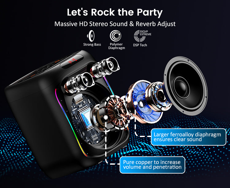 Let's rock the party with massive HD stereo sound, reverb adjust, strong bass, and larger ferroalloy diaphragm for clear sound.