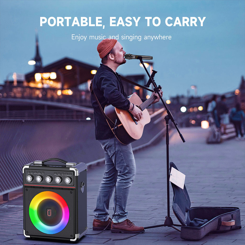 A street performer using a portable speaker for a street performance