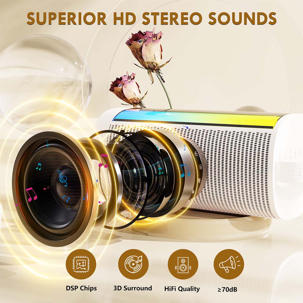 JYX D31 portable karaoke machine with superior HD stereo sound, DSP chips, 3D surround, and HiFi quality audio (≥70dB).