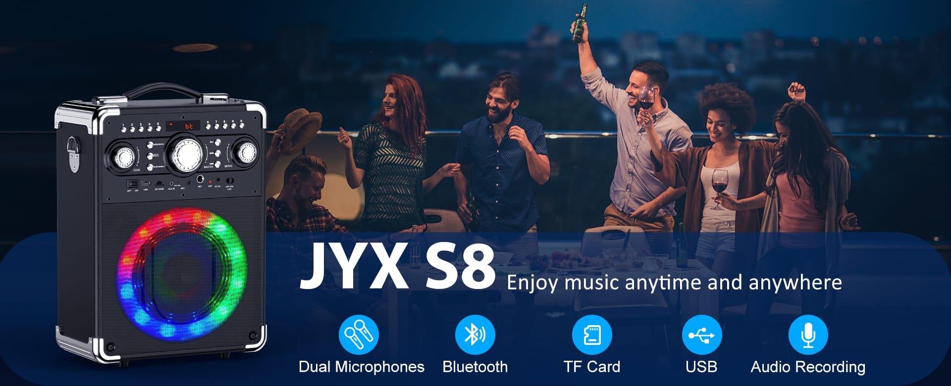JYX S8 karaoke machine with dual microphones and Bluetooth connection