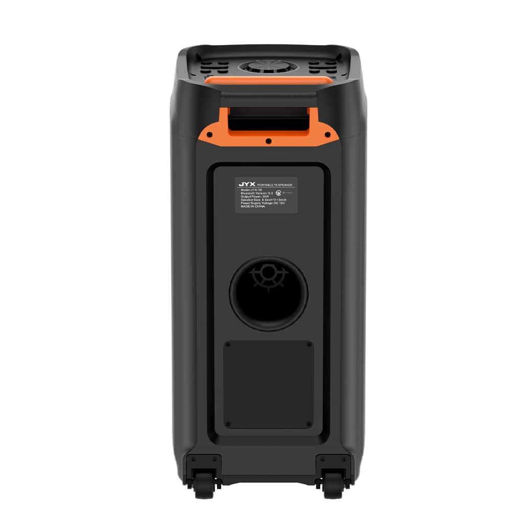 JYX T8 karaoke machine with two wireless microphones - back view