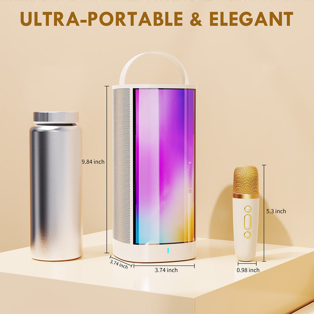 Ultra-portable JYX D31 karaoke machine with 1 wireless mic, compact size of 3.74*3.74*9.84 inches, and microphone size of 0.98*5.3 inches.