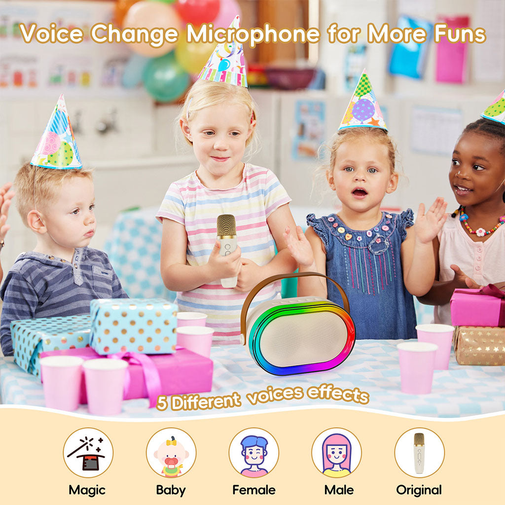 D35 kids' karaoke machine with 2 wireless mics and 5 voice effects: magic, baby, female, male, and original.