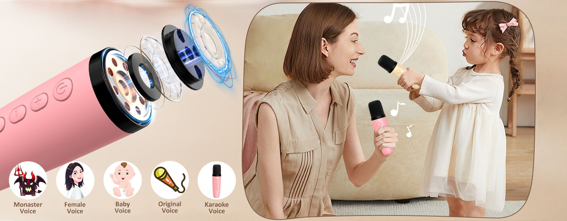 voice effect-monster voice, female voice, baby voice, oringinal voice, and karaoke voice.
