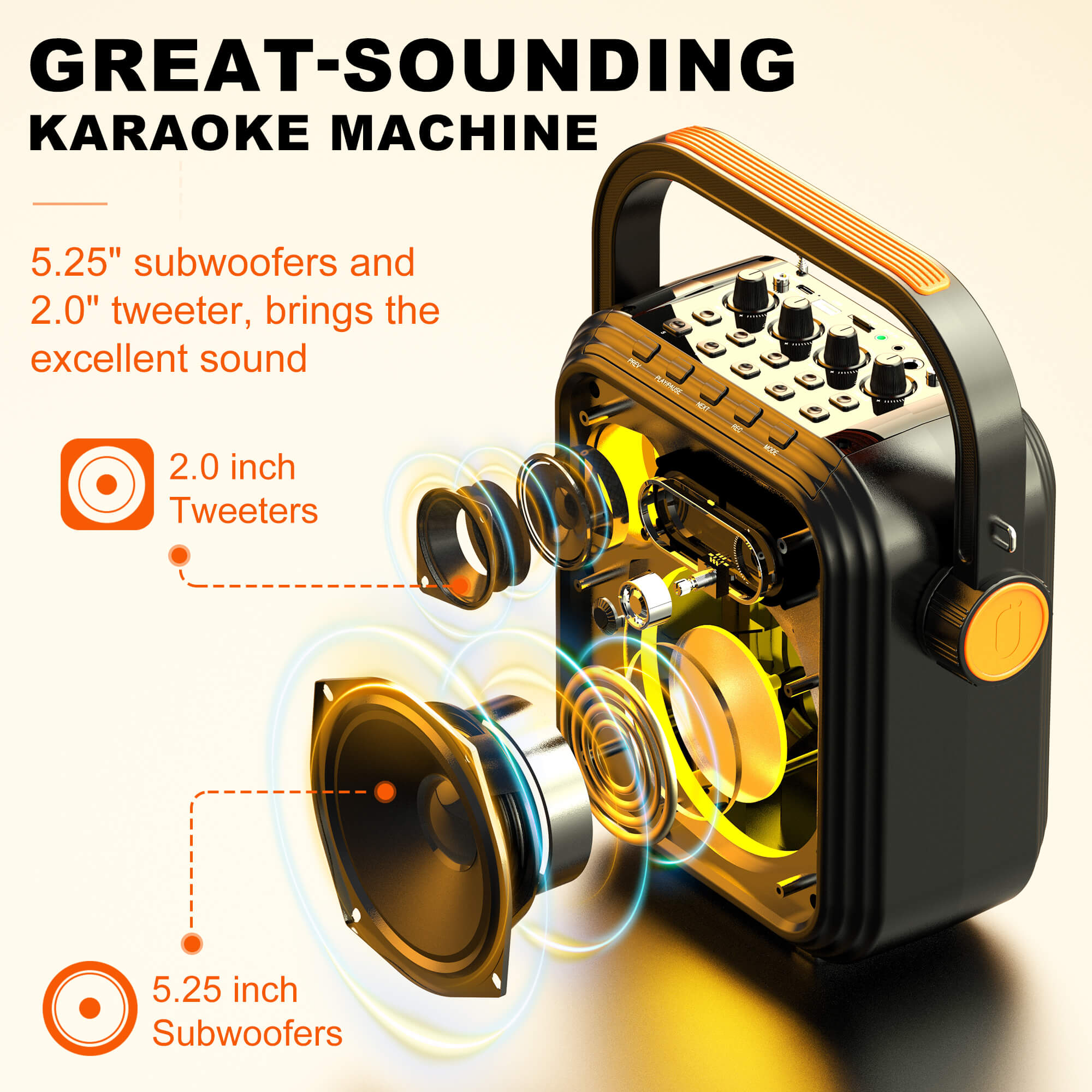 JYX 66BT karaoke machine with great sound, 5.25 inches subwoofers and 2 inches tweeters