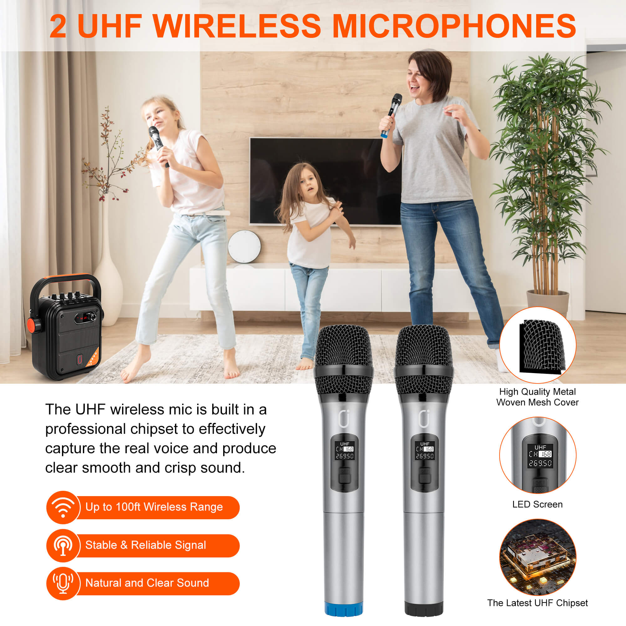 JYX 66BT karaoke machine with 2 UHF wireless microphones