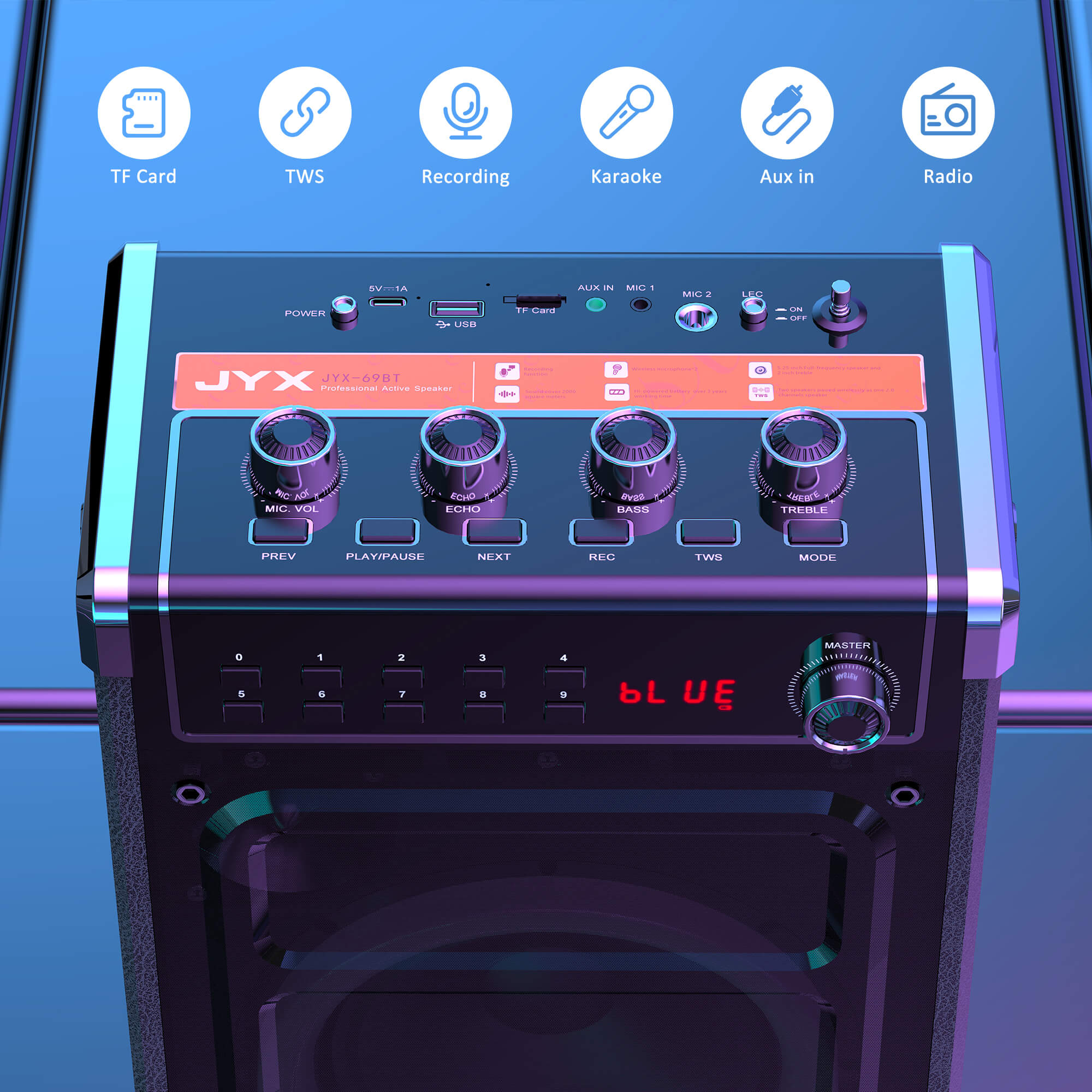 JYX 69BT karaoke machine with functions include TF card, TWS, recording, karaoke, aux in and radio