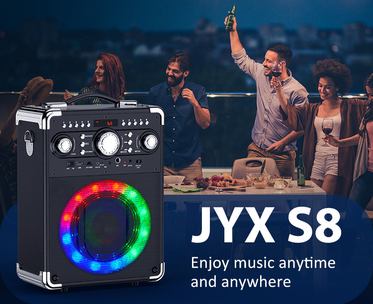 JYX S8 karaoke machine with dual microphones and Bluetooth connection