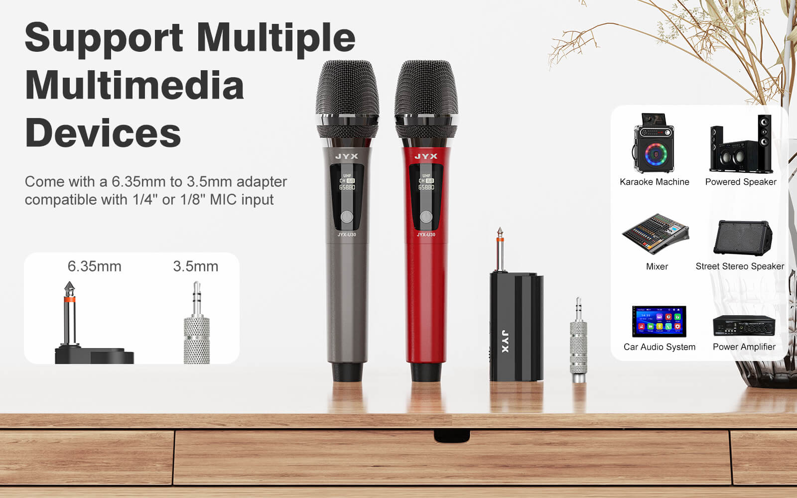 JYX U30 dual wireless microphones compatible with 1/4" or 1/8" mic input
