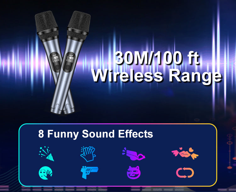 Two wireless microphones with 30 meter/100 ft wireless range of JYX T10T karaoke machine