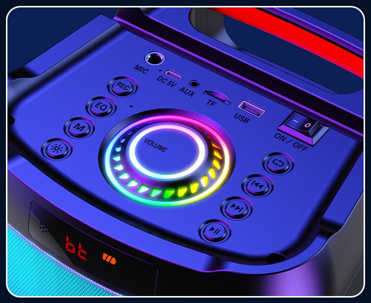 Control panel of JYX karaoke machine with lighting around volume knob
