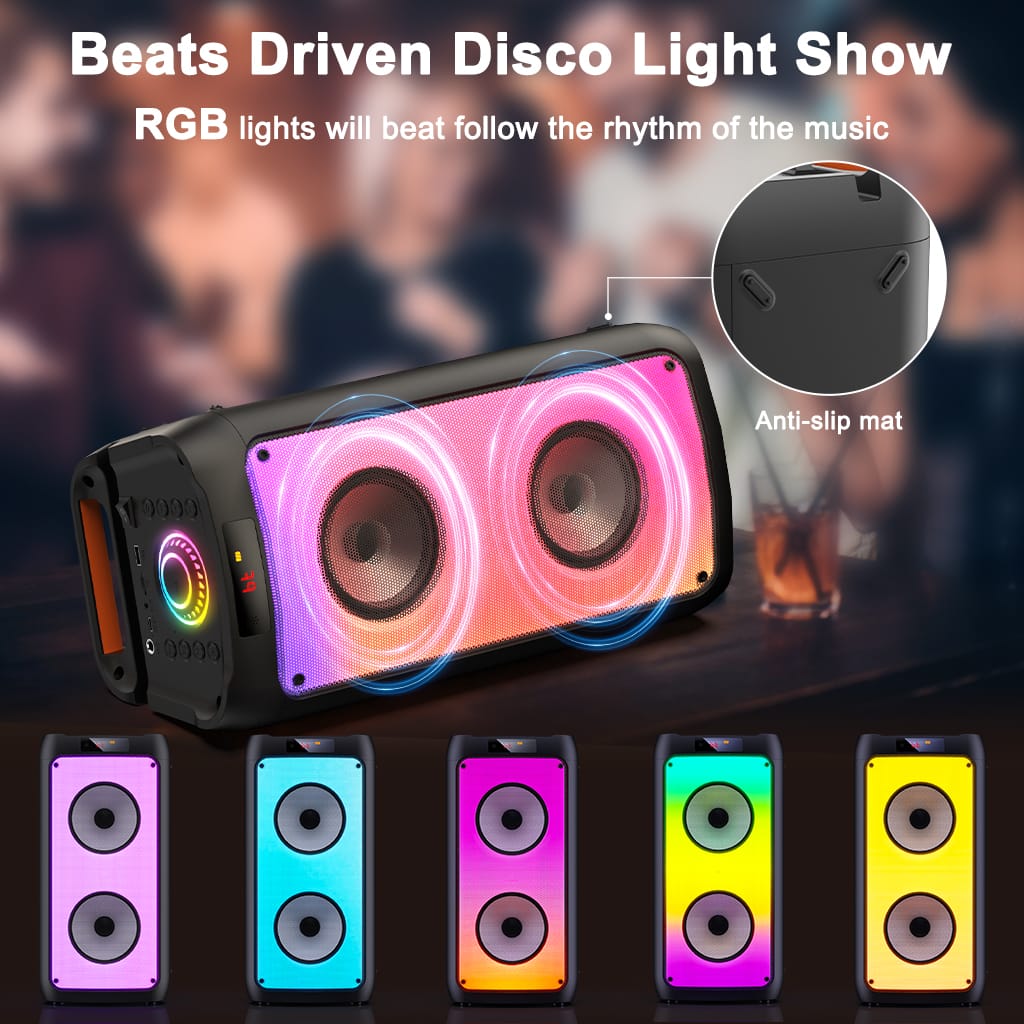 JYX Karaoke Machine with RGB light which follow the rhythm of the music, with anti-slip mat on the back