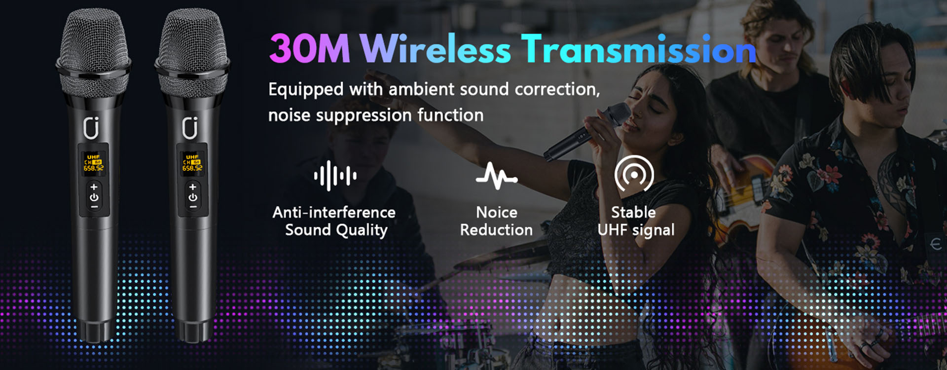 JYX MS75 karaoke speaker with 30m wireless transmission, noise suppression, anti-interference, and stable UHF signal.