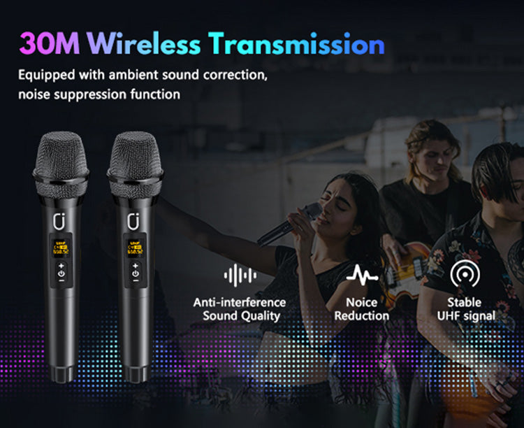 JYX MS75 karaoke speaker with 30m wireless transmission, noise suppression, anti-interference, and stable UHF signal.