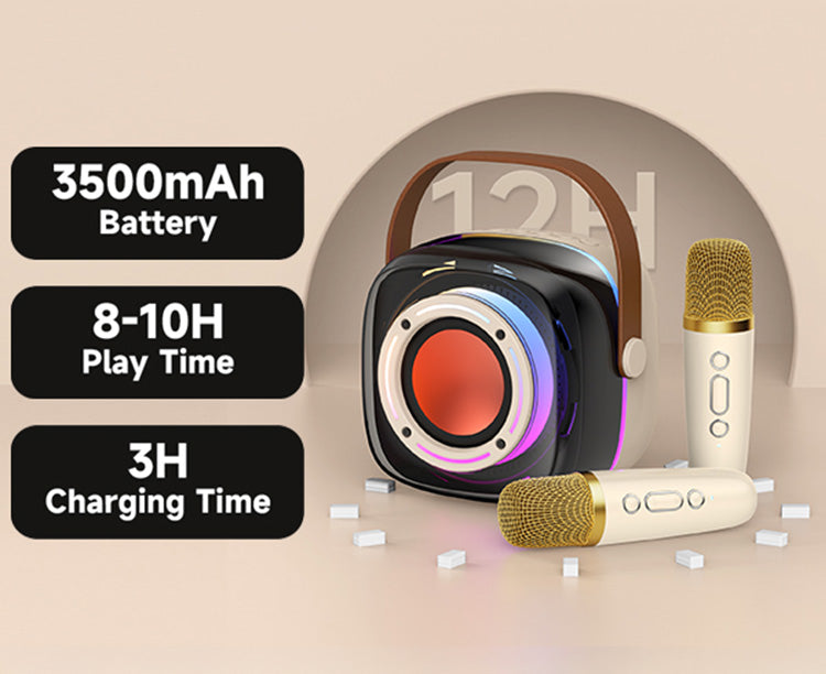 JYX D39 karaoke machine with 3500mAh battery, 8-10 hours playtime, and 3-hour charging.