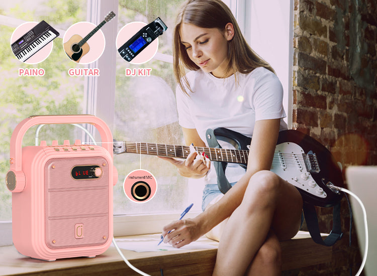 JYX pink karaoke machine with Instrument port for connecting guitar, paino, DJ kit, etc. 