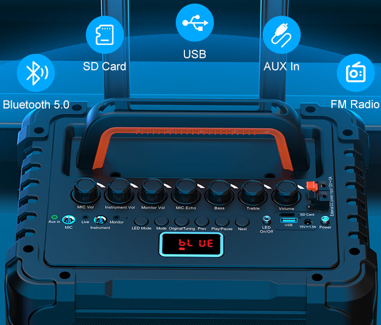Control panel of JYX Karaoke Machine AN20 with Bluetooth, SD card, USB, AUX in and FM Radio