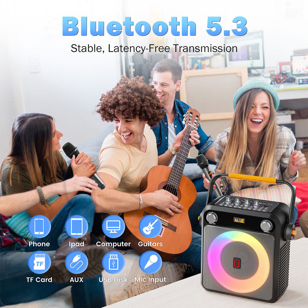 JYX T23-T portable Bluetooth karaoke speaker with Bluetooth 5.3, stable, latency-free transmission, compatible with phone, iPad, TF card, computer, guitars, AUX, USB disk, and mic input.