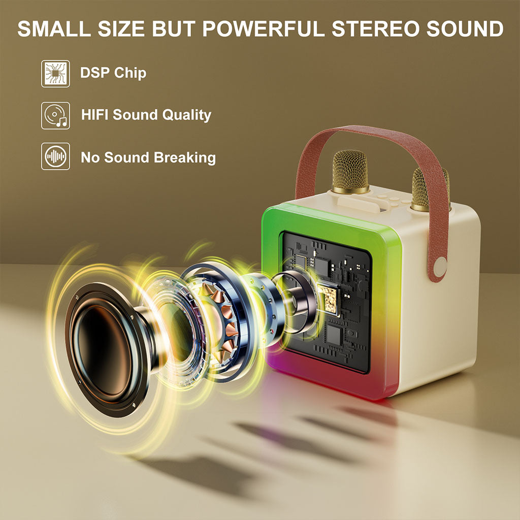 Small yet powerful stereo speaker with HiFi-grade audio output and anti-sound-breaking technology for crystal-clear playback.