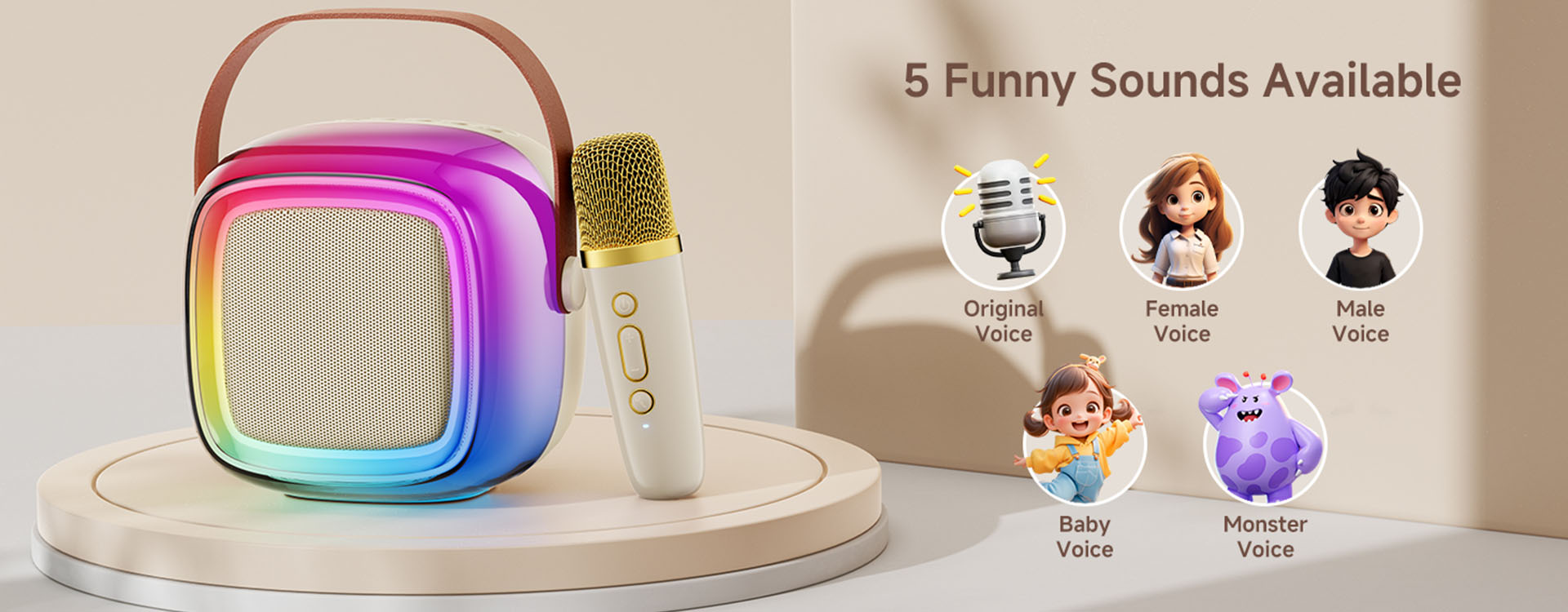 D32 mini kids karaoke machine with 5 funny voice effects: original, female, male, baby, and monster.