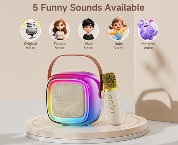 D32 mini kids karaoke machine with 5 funny voice effects: original, female, male, baby, and monster.