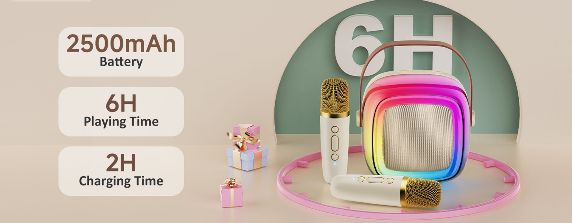 D32 mini kids karaoke machine with 2500mAh battery, 6 hours playtime, and 2 hours charging time.