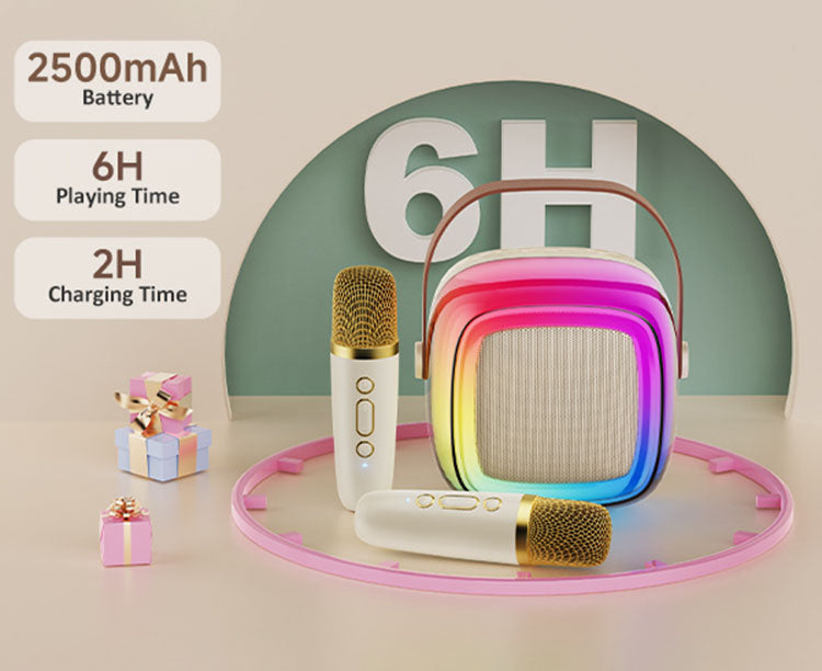 D32 mini kids karaoke machine with 2500mAh battery, 6 hours playtime, and 2 hours charging time.