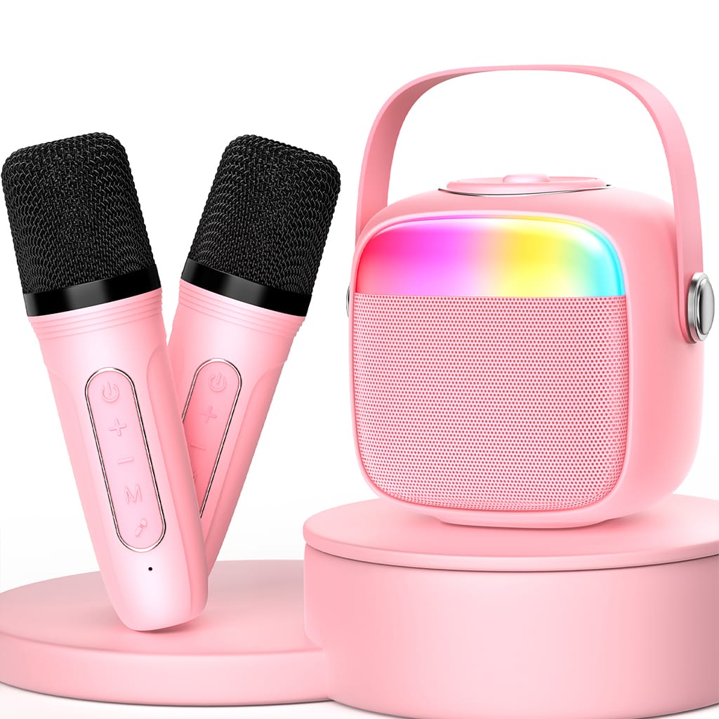 TRENDIX - Karaoke per Bambini Rosa, Cassa Portatile con Microfono, 2 Microfono  con Cassa, Radio FM, USB, Bluetooth e SD, Karaoke con Microfono