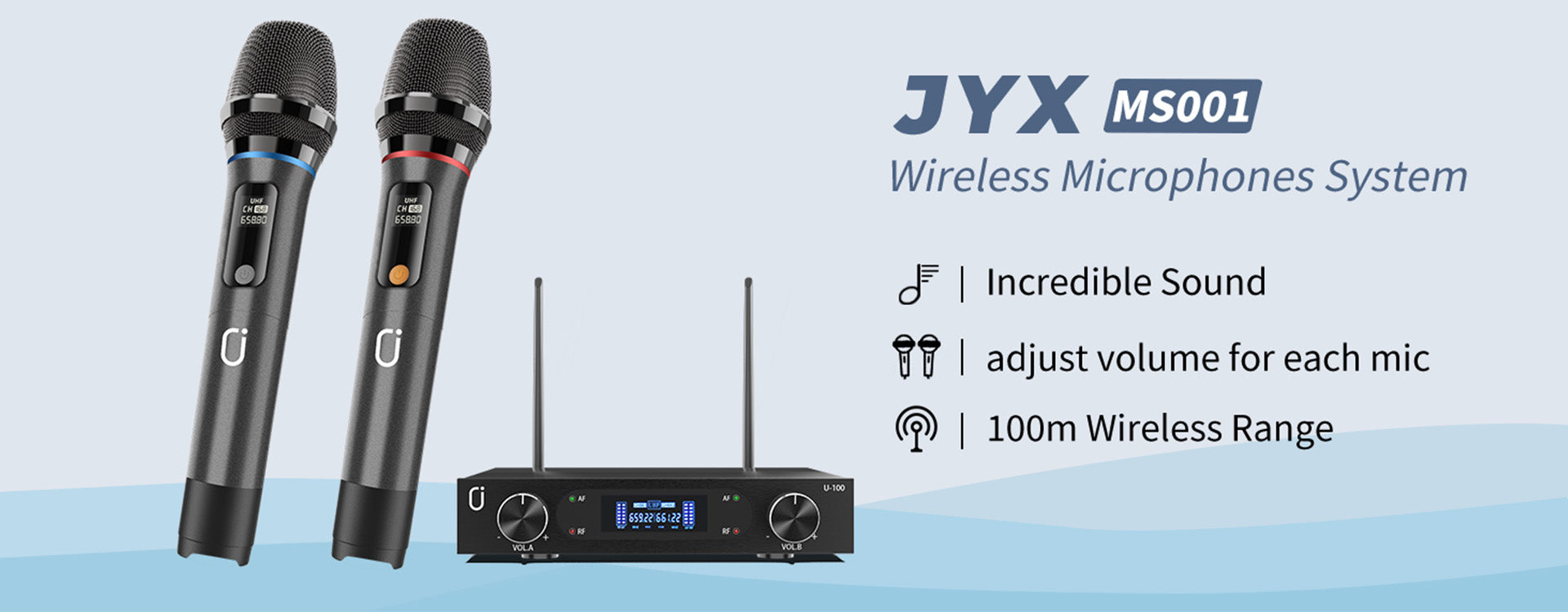 JYX MS001 Microphone System with incredible sound, separate mic volume adjustment, and 100m wireless range.