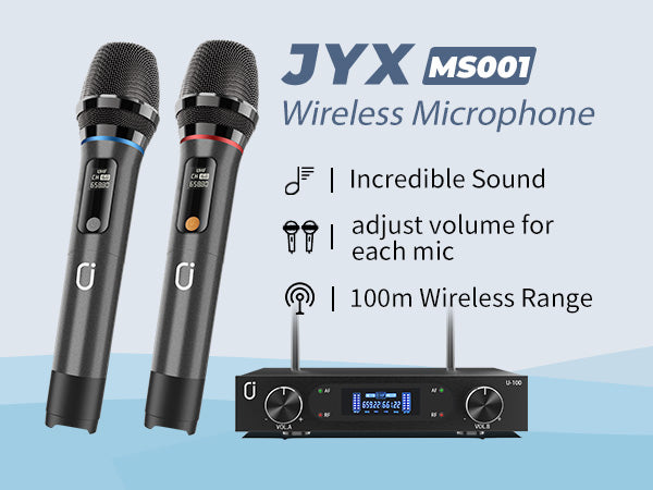 JYX MS001 Microphone System with incredible sound, separate mic volume adjustment, and 100m wireless range.