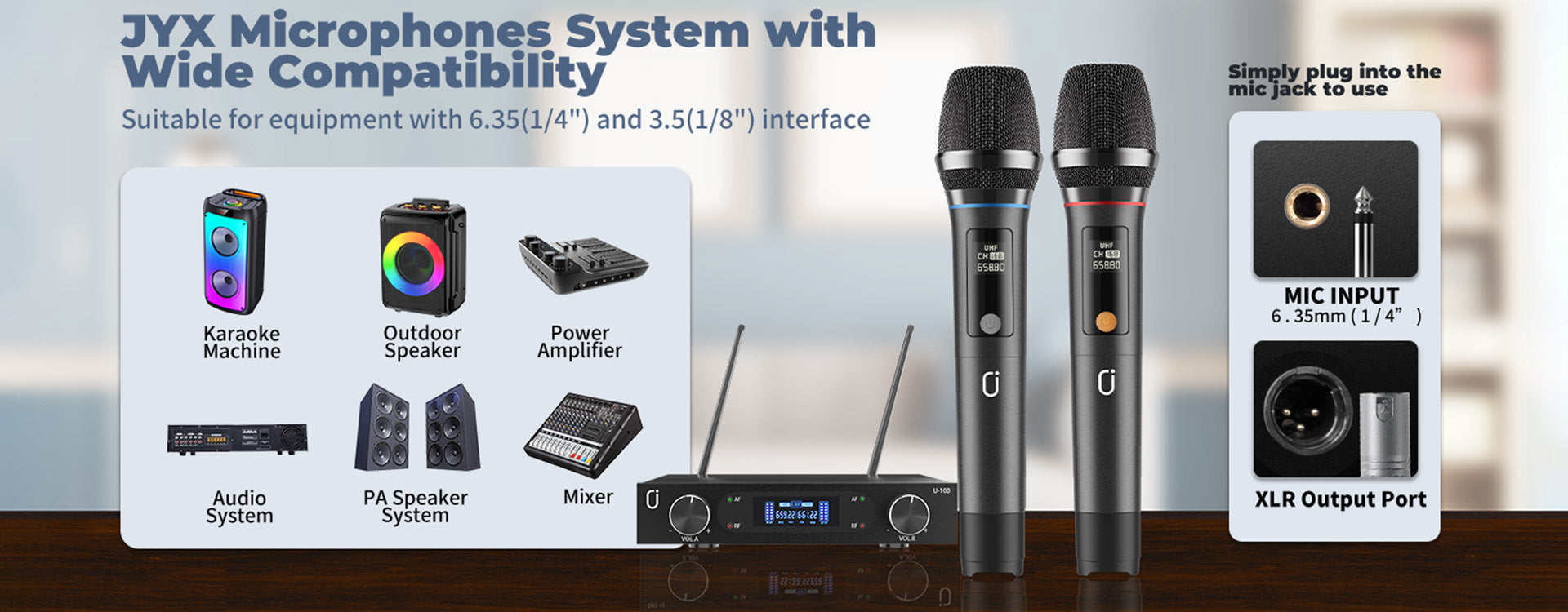 JYX MS001 Wireless Microphone System with multiple compatibilities, suitable for 6.35mm (1/4") and 3.5mm (1/8") interfaces.