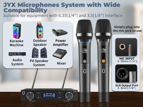 JYX MS001 Wireless Microphone System with multiple compatibilities, suitable for 6.35mm (1/4") and 3.5mm (1/8") interfaces.