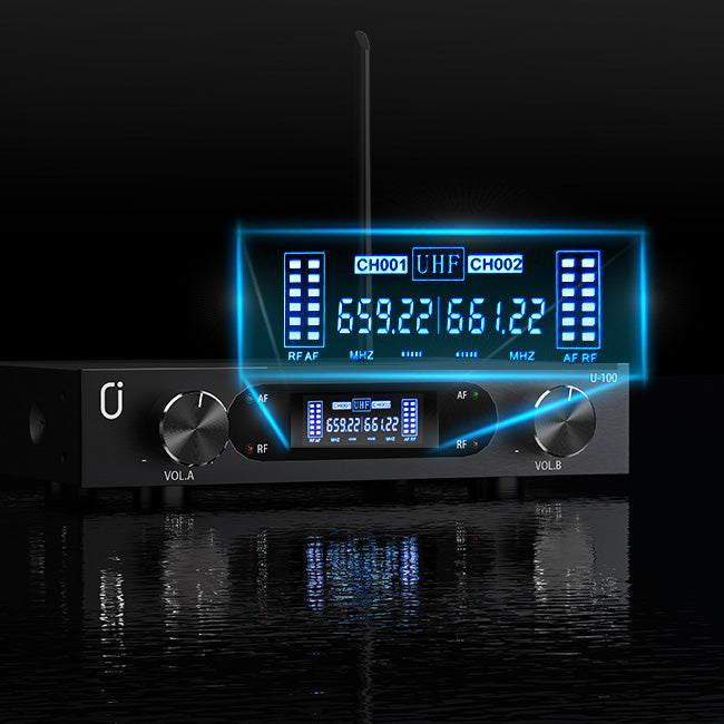 JYX MS001 Wireless Microphone System with high-definition display showing microphone data adjustments