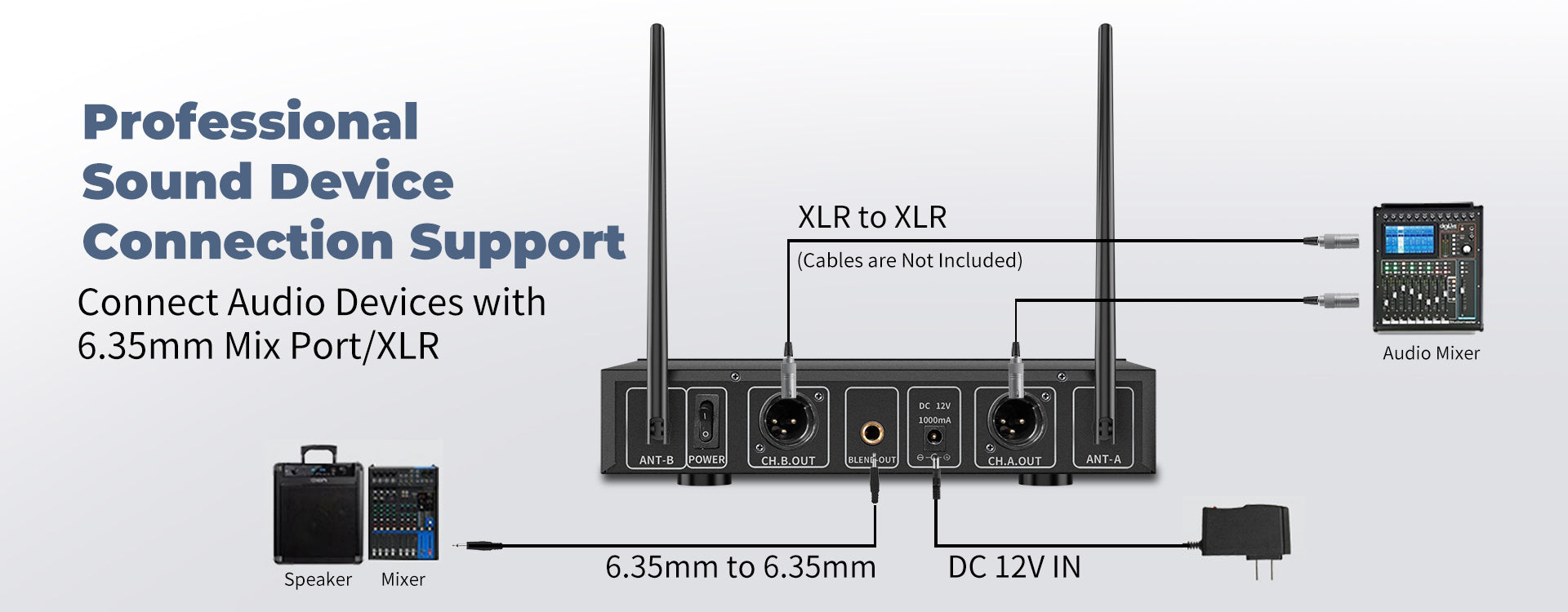 JYX MS001 Wireless  Microphone System, a professional sound device supporting connections with 6.35mm mix port and XLR audio devices.