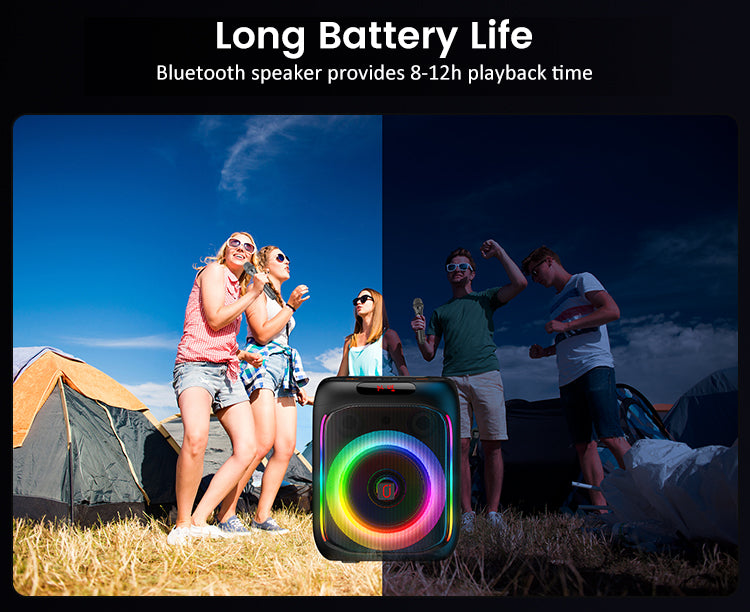 Long battery life Bluetooth speaker provides 8-12 hours playback time.