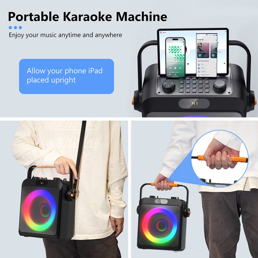 JYX T19 karaoke machine showcasing its portable design for easy transport