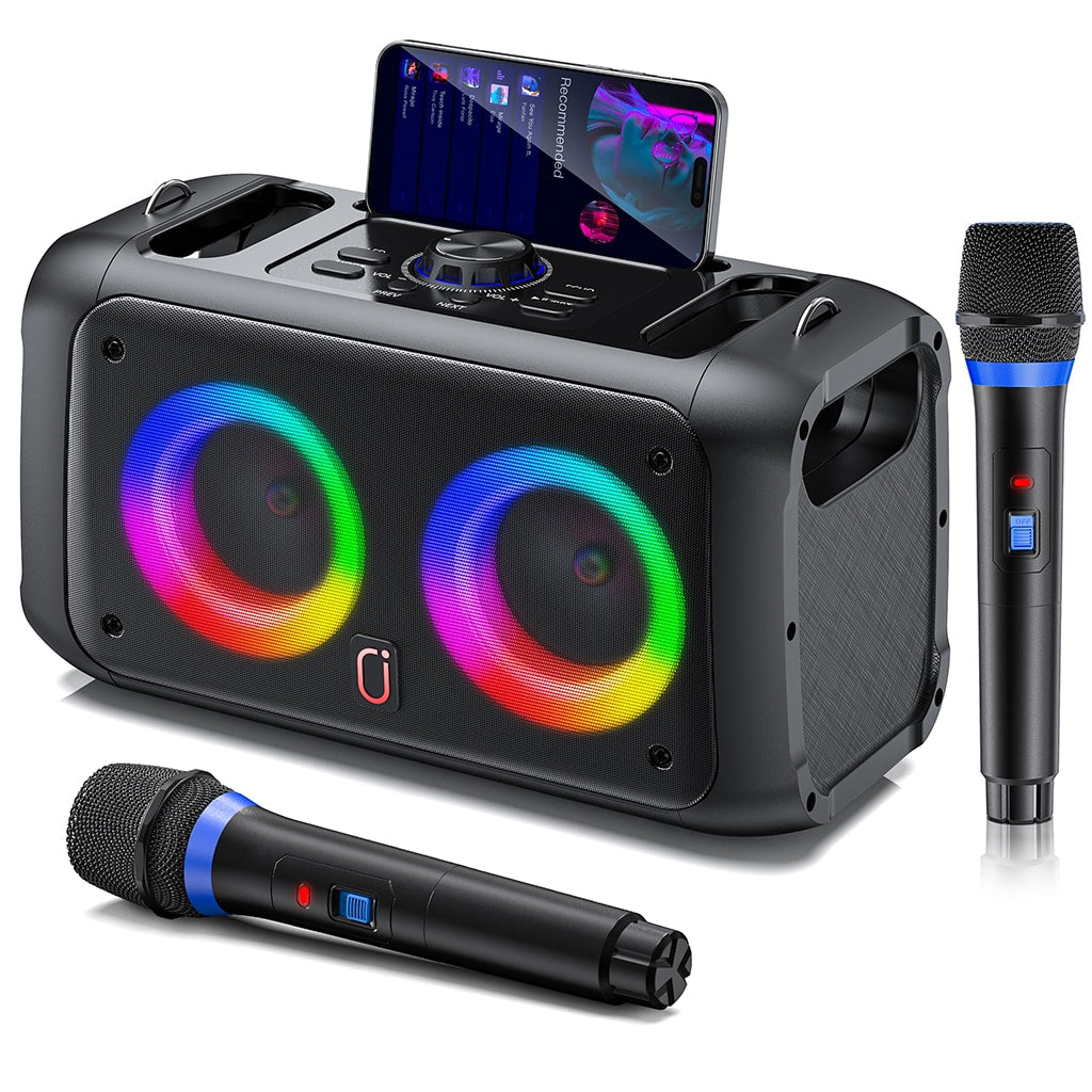 JYX T22 karaoke machine comes with two microphones for duet performances