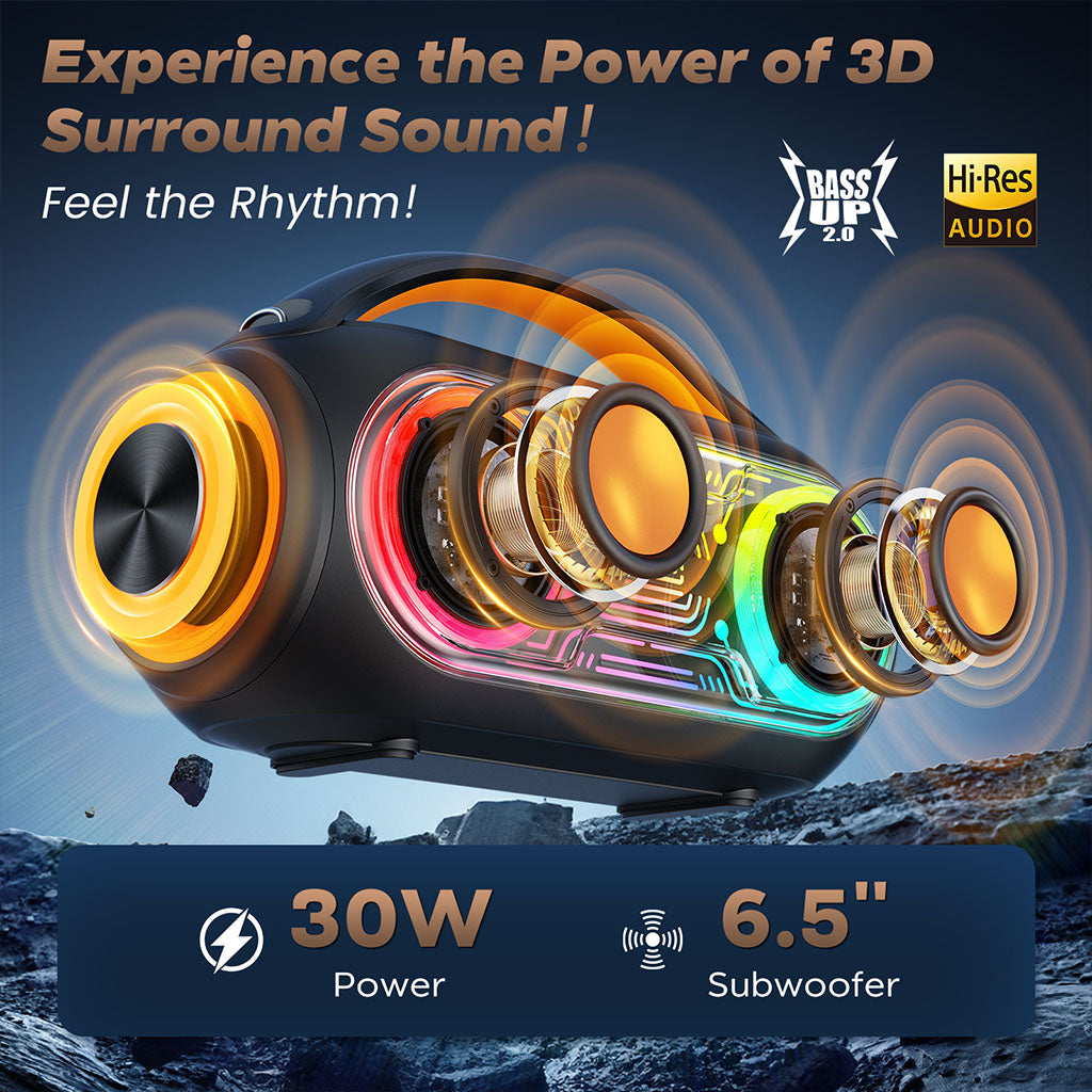 Portable Bluetooth speaker with 2 wireless microphones, delivering 30W power and immersive 3D surround sound for outdoor use (JYX D51 model).